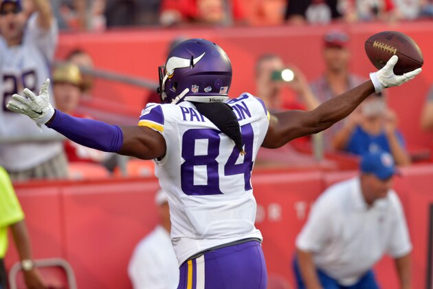 Aug 23, 2014; Kansas City, MO, USA; Minnesota Vikings wide receiver Cordarrelle Patterson (84) celebrates as he scores a touchdown in the first half against the Kansas City Chiefs at Arrowhead Stadium. Mandatory Credit: Denny Medley-USA TODAY Sports