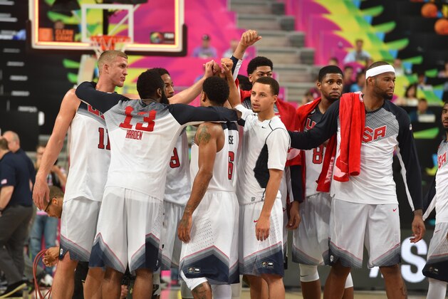 BARCELONA, SPAIN - SEPTEMBER 6: Stephen Curry and the USA Basketball Men's National Team huddles up against the Mexico National Team during the 2014 FIBA World Cup at Palau Sant Jordi on September 6, 2014 in Barcelona, Spain.  NOTE TO USER: User expressly acknowledges and agrees that, by downloading and/or using this Photograph, user is consenting to the terms and conditions of the Getty Images License Agreement. Mandatory Copyright Notice: Copyright 2014 NBAE (Photo by Jesse D. Garrabrant/NBAE via Getty Images)