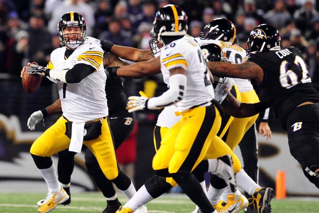 Nov 28, 2013; Baltimore, MD, USA; Pittsburgh Steelers quarterback Ben Roethlisberger (7) prepares to throw the ball against the Baltimore Ravens during a NFL football game on Thanksgiving at M&T Bank Stadium. Mandatory Credit: Evan Habeeb-USA TODAY Sports