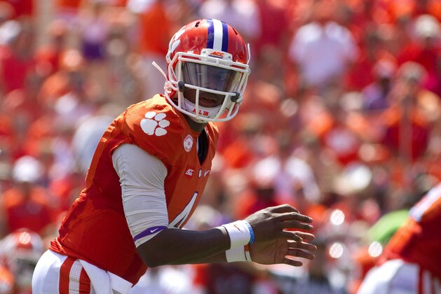 Sep 6, 2014; Clemson, SC, USA; Clemson Tigers quarterback Deshaun Watson (4) prior to the snap during the first half against the South Carolina State Bulldogs at Clemson Memorial Stadium. Mandatory Credit: Joshua S. Kelly-USA TODAY Sports