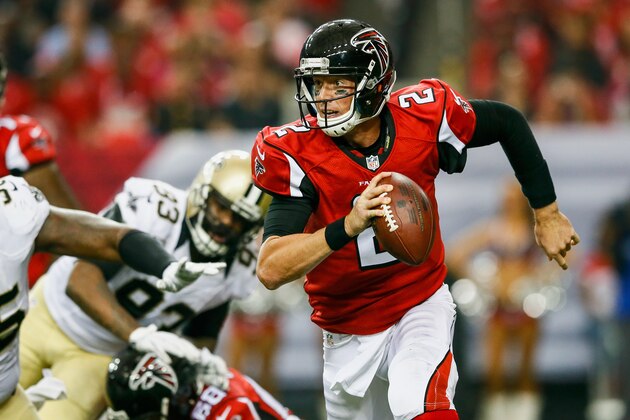 ATLANTA, GA - SEPTEMBER 07:  Matt Ryan #2 of the Atlanta Falcons scrambles on a pass play in the first half against the New Orleans Saints at the Georgia Dome on September 7, 2014 in Atlanta, Georgia. The Atlanta Falcons won 37-34.  (Photo by Kevin C. Cox/Getty Images)