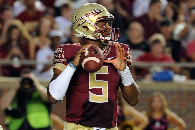 Sep 6, 2014; Tallahassee, FL, USA; Florida State Seminoles quarterback Jameis Winston (5) looks to throw the ball during the game against the Citadel Bulldogs at Doak Campbell Stadium. Mandatory Credit: Melina Vastola-USA TODAY Sports