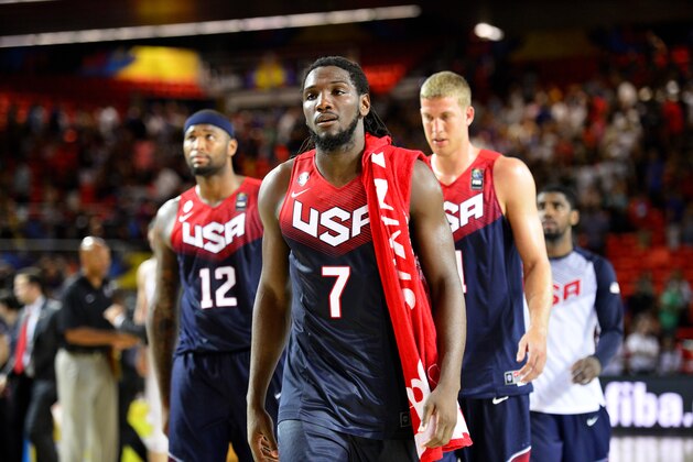 BILBAO, SPAIN - AUGUST 31: Kenneth Faried #7, DeMarcus Cousins #12 and Mason Plumlee #11 of the USA Basketball Men's National Team after the game against the Turkey Basketball Men's National Team during the 2014 FIBA World Cup at Bizkaia Arena in Bilbao Exhibition Centre on August 31, 2014 in Bilbao, Spain.  NOTE TO USER: User expressly acknowledges and agrees that, by downloading and/or using this Photograph, user is consenting to the terms and conditions of the Getty Images License Agreement. Mandatory Copyright Notice: Copyright 2014 NBAE (Photo by David Dow/NBAE via Getty Images)