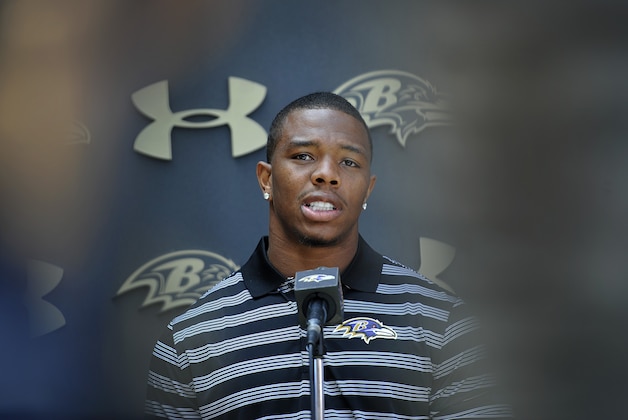 Baltimore Ravens running back Ray Rice answers question during a news conference after NFL football training camp practice, Thursday, July 31, 2014, in Owings Mills, Md.(AP Photo/Gail Burton)