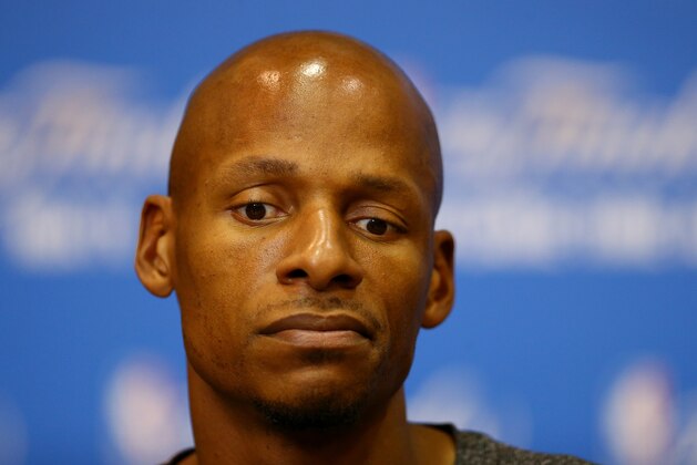 SAN ANTONIO, TX - JUNE 14:  Ray Allen #34 of the Miami Heat speaks to the media on an off day following Game Four of the 2014 NBA Finals against the San Antonio Spurs at the Spurs Practice Facility on June 14, 2014 in San Antonio, Texas. NOTE TO USER: User expressly acknowledges and agrees that, by downloading and or using this photograph, User is consenting to the terms and conditions of the Getty Images License Agreement.  (Photo by Andy Lyons/Getty Images)