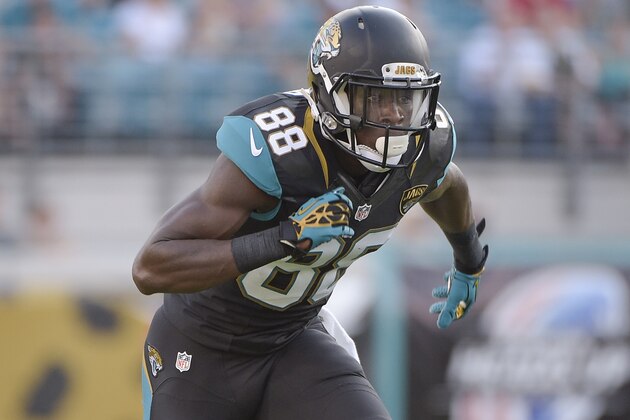Jacksonville Jaguars wide receiver Allen Hurns (88) runs a pass pattern during the first half of an NFL preseason football game in Jacksonville, Fla., Thursday, Aug. 28, 2014. (AP Photo/Phelan M. Ebenhack)
