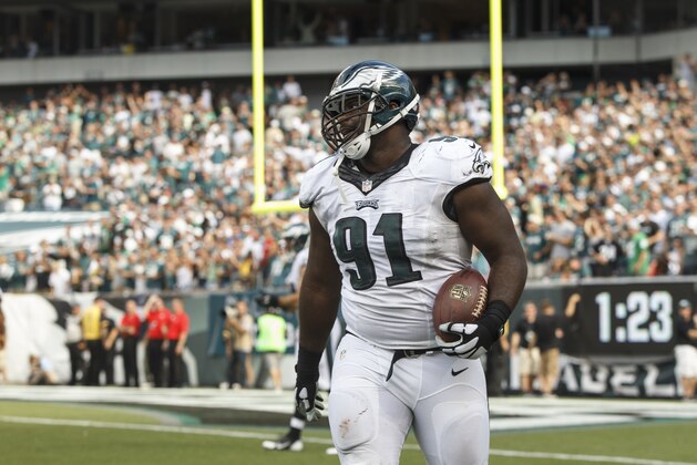 Philadelphia Eagles defensive end Fletcher Cox reacts to his fumble recovery and touchdown run during the second half of an NFL football game against the Jacksonville Jaguars, Sunday, Sept. 7, 2014, in Philadelphia. The Eagles won 34-17. (AP Photo/Chris Szagola)