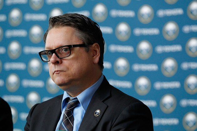 BUFFALO, NY - JANUARY 09:  Tim Murray speaks at a media conference introducing him as the new general manager of the Buffalo Sabres on January 9, 2014 at the First Niagara Center in Buffalo, New York.  (Photo by Bill Wippert/NHLI via Getty Images)
