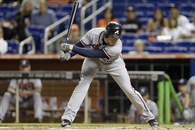 Atlanta Braves' Freddie Freeman strikes out in the first inning during a baseball game against the Miami Marlins, Wednesday, Sept. 11, 2013, in Miami. (AP Photo/Lynne Sladky) Atlanta Braves' Freddie Freeman strikes out in the first inning during a baseball game against the Miami Marlins, Wednesday, Sept. 11, 2013, in Miami. (AP Photo/Lynne Sladky)
