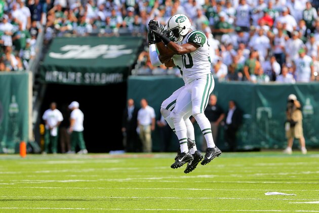 EAST RUTHERFORD, NJ - SEPTEMBER 07:   Darrin Walls #30 and  Calvin Pryor #25 of the New York Jets celebrate a defensive stop against the Oakland Raiders during the fourth quarter of their game at MetLife Stadium on September 7, 2014 in East Rutherford, New Jersey.  (Photo by Ed Mulholland/Getty Images)