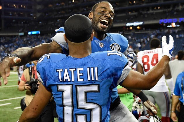 DETROIT, MI - SEPTEMBER 08:  Calvin Johnson #81 of the Detroit Lions celebrates with Golden Tate #15 after a 35-14 win over the New York Giants at Ford Field on September 8, 2014 in Detroit, Michigan. (Photo by Joe Sargent/Getty Images)