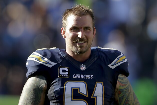 San Diego Chargers center Nick Hardwick stands on the field during the first half of an NFL football game against the Oakland Raiders on Sunday, Dec. 22, 2013, in San Diego. (AP Photo/Lenny Ignelzi)