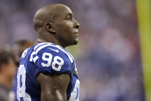 Indianapolis Colts outside linebacker Robert Mathis (98) watches action against the Kansas City Chiefs during the first half of an NFL wild-card playoff football game Saturday, Jan. 4, 2014, in Indianapolis. (AP Photo/AJ Mast)