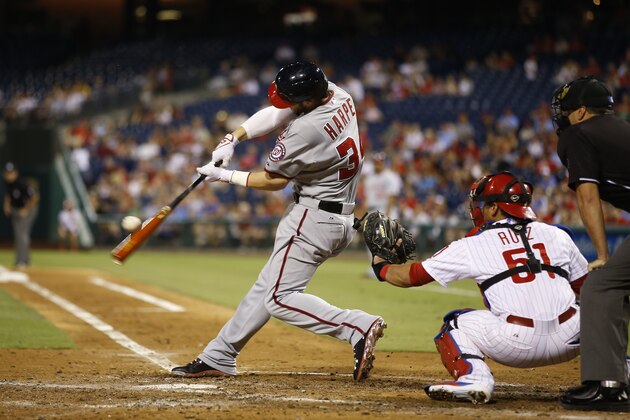 Washington Nationals' Bryce Harper bats during a baseball game against the Philadelphia Phillies, Monday, Aug. 25, 2014, in Philadelphia. (AP Photo/Matt Slocum)