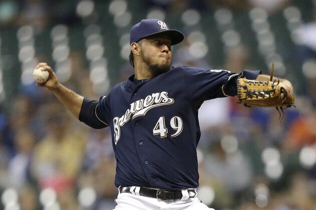 MILWAUKEE, WI - SEPTEMBER 08: Yovani Gallardo #49 of the Miami Marlins pitches during the first inning against the Milwaukee Brewers at Miller Park on September 08, 2014 in Milwaukee, Wisconsin. (Photo by Mike McGinnis/Getty Images)