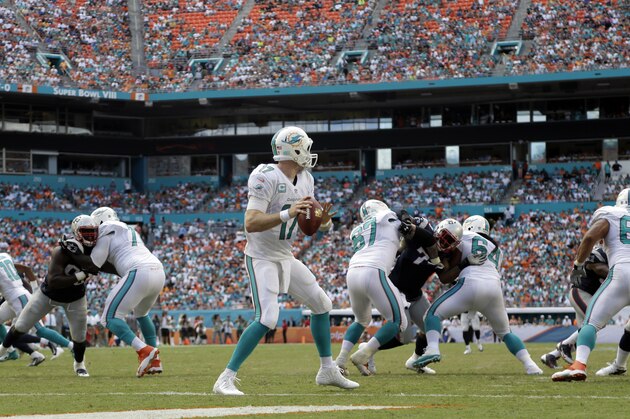 Miami Dolphins quarterback Ryan Tannehill (17) looks to pass during the second half of an NFL football game against the New England Patriots, in Miami Gardens, Fla., Sunday Sept. 7, 2014. The Dolphins defeated the Patriots 33-20. (AP Photo/Lynne Sladky)