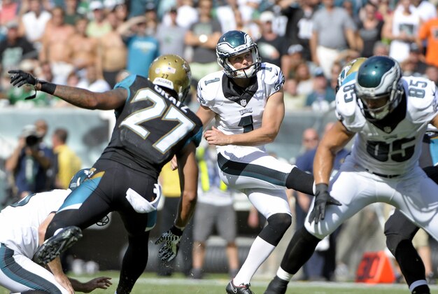 Sep 7, 2014; Philadelphia, PA, USA; Philadelphia Eagles kicker Cody Parkey (1) watches his 51-yard field goal in the fourth quarter against the Jacksonville Jaguars t Lincoln Financial Field. The Eagles defeated the Jaguars, 34-17. Mandatory Credit: Eric Hartline-USA TODAY Sports