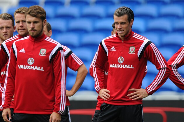 CARDIFF, WALES - SEPTEMBER 03:  Wales players Aaron Ramsey (l) and Gareth Bale look on during a Wales training session at Cardiff City Stadium on September 3, 2014 in Cardiff, Wales.  (Photo by Stu Forster/Getty Images)