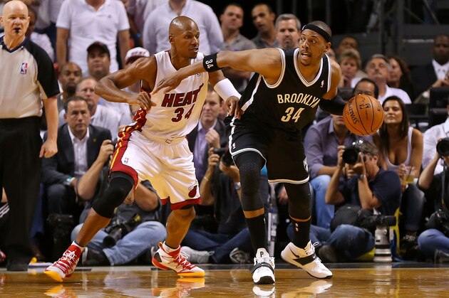 MIAMI, FL - MAY 14: Paul Pierce #34 of the Brooklyn Nets posts up Ray Allen #34 of the Miami Heat during Game Five of the Eastern Conference Semifinals of the 2014 NBA Playoffs  at American Airlines Arena on May 14, 2014 in Miami, Florida. NOTE TO USER: User expressly acknowledges and agrees that, by downloading and/or using this photograph, user is consenting to the terms and conditions of the Getty Images License Agreement. Mandatory copyright notice:  (Photo by Mike Ehrmann/Getty Images)