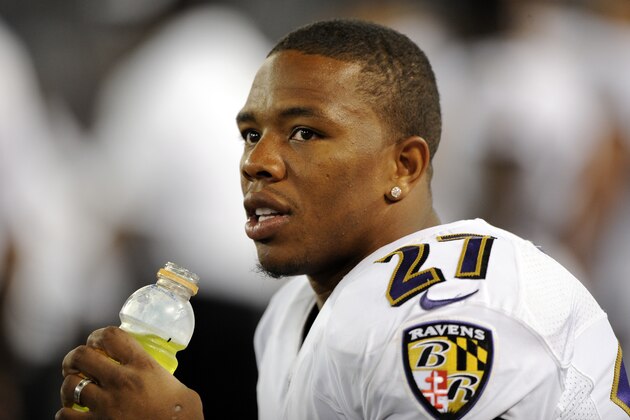 Baltimore Ravens running back Ray Rice sits on the sideline in the second half of an NFL preseason football game against the San Francisco 49ers, Thursday, Aug. 7, 2014, in Baltimore. (AP Photo/Nick Wass)