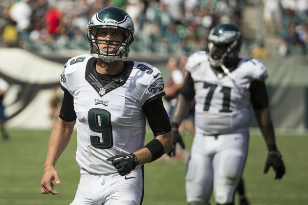 Philadelphia Eagles quarterback Nick Foles heads off the field following the first half of an NFL football game against the Jacksonville Jaguars, Sunday, Sept. 7, 2014, in Philadelphia. The Eagles won 34-17. (AP Photo/Chris Szagola)