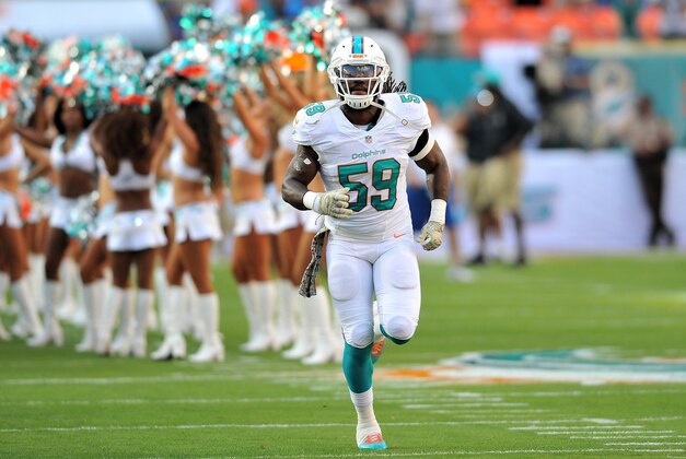 Nov 17, 2013; Miami Gardens, FL, USA; Miami Dolphins middle linebacker Dannell Ellerbe (59) is introduced before a game against the San Diego Chargers at Sun Life Stadium. Miami won 20-16. Mandatory Credit: Steve Mitchell-USA TODAY Sports