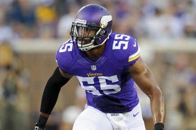 MINNEAPOLIS, MN - AUGUST 8: Anthony Barr #55 of the Minnesota Vikings runs a route against the Oakland Raiders during the game on August 8, 2014 at TCF Bank Stadium in Minneapolis, Minnesota. (Photo by Hannah Foslien/Getty Images)