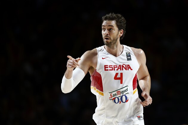 Spain's Pau Gasol celebrates a point during the World Cup Round of 16 match between Spain and Senegal in Madrid, Spain, Saturday, Sept. 6, 2014 . The 2014 Basketball World Cup competition will take place in various cities in Spain from Aug. 30 through to Sept. 14. (AP Photo/Daniel Ochoa de Olza)