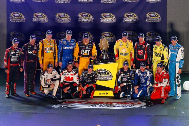 RICHMOND, VA - SEPTEMBER 06:  (Back Row L-R) Jeff Gordon, driver of the #24 Drive to End Hunger Chevrolet, Denny Hamlin, driver of the #11 FedEx Express Toyota, Kyle Busch, driver of the #18 M&M's Toyota, Carl Edwards, driver of the #99 Kelloggs/Frosted Flakes Ford, Ryan Newman, driver of the #31 Catepillar Chevrolet, Joey Logano, driver of the #22 Shell-Pennzoil Ford, Kurt Busch, driver of the #41 Haas Automation Chevrolet, Matt Kenseth, driver of the #20 Dollar General Toyota, Aric Almirola, driver of the #43 Gwaltney Ford, (Front Row L- R) Brad Keselowski, driver of the #2 Miller Lite Ford, Greg Biffle, driver of the #16 3M Call Before You Dig Ford, AJ Allmendinger, driver of the #47 Bush's Beans Chevrolet, Kasey Kahne, driver of the #5 Farmers Insurance Chevrolet, Dale Earnhardt Jr., driver of the #88 Nationwide Insurance Chevrolet, and Kasey Kahne, driver of the #5 Farmers Insurance Chevrolet, pose with the Sprint Cup Trophy after qualifying for the Chase for the Sprint Cup during the NASCAR Sprint Cup S