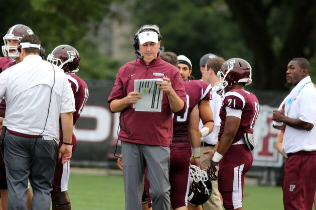 Fordham Rams head coach Joe Moorhead against the St, Francis (PA) Red Flash during a college football game on Saturday, August 30, 2014 in the Bronx, NY.  Fordham Won 52-23. (AP Photo/Gregory Payan)