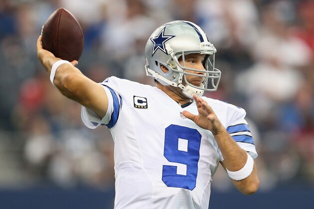 ARLINGTON, TX - SEPTEMBER 07:  Quarterback Tony Romo #9 of the Dallas Cowboys throws a pass during the NFL game against the San Francisco 49ers at AT&T Stadium on September 7, 2014 in Arlington, Texas.   The 49ers defeated the Cowboys 28-17.  (Photo by Christian Petersen/Getty Images)