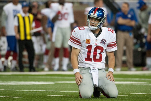 Sep 8, 2014; Detroit, MI, USA; New York Giants quarterback Eli Manning (10) looks up after an incomplete pass during the second quarter against the Detroit Lions at Ford Field. Mandatory Credit: Tim Fuller-USA TODAY Sports