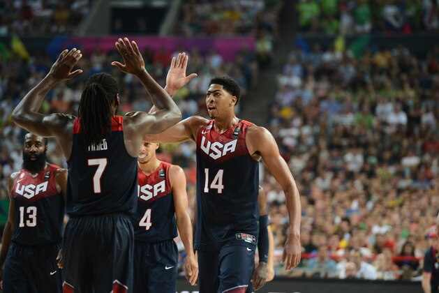 BARCELONA, SPAIN - SEPTEMBER 9: Anthony Davis #14 and Kenneth Faried #7 of the USA Basketball Men's National Team celebrates against the Slovenia National Team during the 2014 FIBA World Cup quarter-finals at Palau Sant Jordi on September 9, 2014 in Barcelona, Spain. NOTE TO USER: User expressly acknowledges and agrees that, by downloading and/or using this Photograph, user is consenting to the terms and conditions of the Getty Images License Agreement. Mandatory Copyright Notice: Copyright 2014 NBAE (Photo by Garrett Ellwood/NBAE via Getty Images) BARCELONA, SPAIN - SEPTEMBER 9: Anthony Davis #14 and Kenneth Faried #7 of the USA Basketball Men's National Team celebrates against the Slovenia National Team during the 2014 FIBA World Cup quarter-finals at Palau Sant Jordi on September 9, 2014 in Barcelona, Spain. NOTE TO USER: User expressly acknowledges and agrees that, by downloading and/or using this Photograph, user is consenting to the terms and conditions of the Getty Images License Agreement. Mandatory Copyright Notice: Copyright 2014 NBAE (Photo by Garrett Ellwood/NBAE via Getty Images)