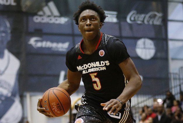 McDonald's West All-American Stanley Johnson, of Fullerton, Calif., competes in the skills contest during the McDonald's All-American Jam Fest at the University of Chicago in Chicago, on Monday, March 31, 2014. (AP Photo/Andrew A. Nelles)