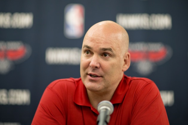 FILE - In this July 10, 2013, file photo, Atlanta Hawks general manager Danny Ferry speaks at a press conference in Atlanta. Ferry has been disciplined by CEO Steve Koonin for making racially charged comments about Luol Deng when the team pursued the free agent this year. Ferry apologized Tuesday, Sept. 9, 2014,  for “repeating comments that were gathered from numerous sources” about Deng. (AP Photo/David Goldman, File)