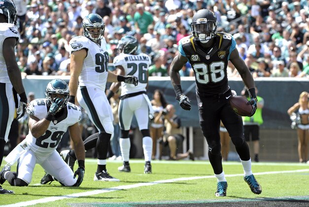 Sep 7, 2014; Philadelphia, PA, USA; Jacksonville Jaguars wide receiver Allen Hurns (88) celebrates his 34-yard touchdown catch against the Philadelphia Eagles in the first quarter at Lincoln Financial Field. Mandatory Credit: Eric Hartline-USA TODAY Sports