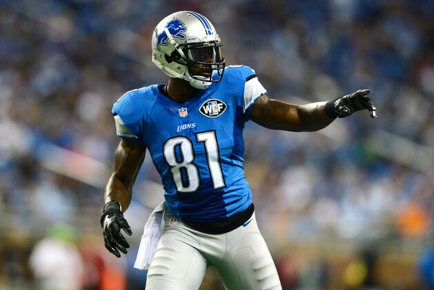 Sep 8, 2014; Detroit, MI, USA; Detroit Lions wide receiver Calvin Johnson (81) gestures at the line of scrimmage during the first quarter against the New York Giants at Ford Field. Mandatory Credit: Andrew Weber-USA TODAY Sports