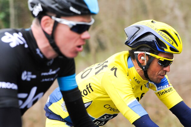 GIRONA, SPAIN - MARCH 25: Christopher Froome (L) of Great Britan and Team Sky and Alberto Contador of Spain and Tinkoff-Saxo Team during the Stage 2 of the Volta a Catalunya on March 25, 2014 in Girona, Spain.  (Photo by David Ramos - Velo/Getty Images)