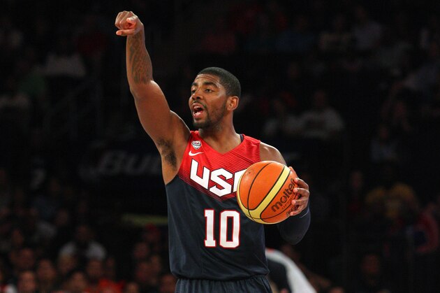 Aug 22, 2014; New York, NY, USA; United States guard Kyrie Irving (10) calls a play against Puerto Rico during the second quarter of a game at Madison Square Garden. Mandatory Credit: Brad Penner-USA TODAY Sports