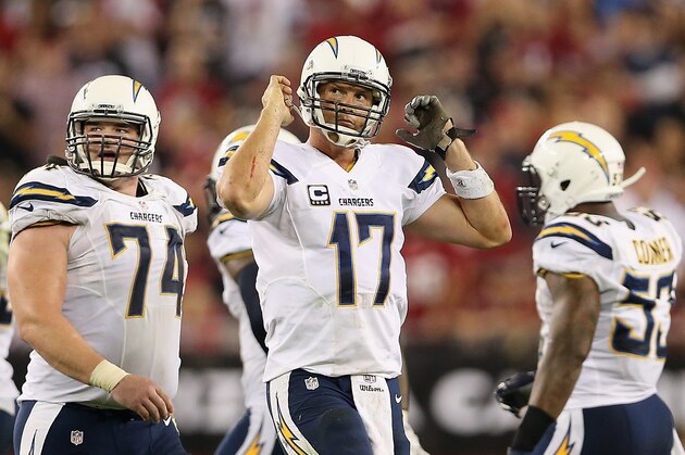 GLENDALE, AZ - SEPTEMBER 08:  Quarterback Philip Rivers #17 of the San Diego Chargers reacts as he walks off the field during the NFL game against the Arizona Cardinals at the University of Phoenix Stadium on September 8, 2014 in Glendale, Arizona. The Cardinals defeated the Chargers 18-17. (Photo by Christian Petersen/Getty Images)