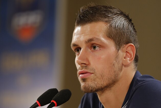 France's Morgan Schneiderlin speaks at a press conference at the Teatro Pedro II in Ribeirao Preto, Brazil, Friday, June 27, 2014. France will face Nigeria on Monday in the round of 16 at the World Cup. (AP Photo/David Vincent)