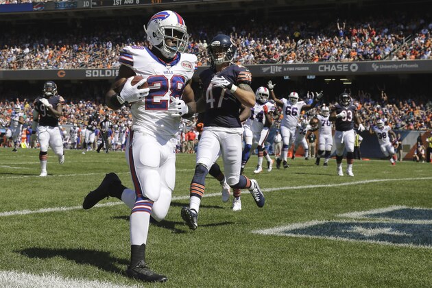 Buffalo Bills running back C.J. Spiller (28) rushes into the end zone for a touchdown past Chicago Bears safety Chris Conte (47) during the first half of an NFL football game Sunday, Sept. 7, 2014, in Chicago. (AP Photo/Nam Y. Huh)