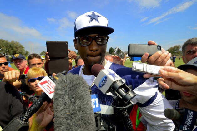 FILE - In this July 26, 2014 file photo, Dallas Cowboys linebacker Rolando McClain talks with the the media at the end of morning practice at NFL training camp in Oxnard, Calif. McClain dances around questions about how much he loves football and whether he enjoyed training camp.  The new Dallas linebacker keeps getting asked because he walked away from the game twice. Ready or not, McClain is expected to start Sunday’s opener against San Francisco. (AP Photo/Gus Ruelas, File)