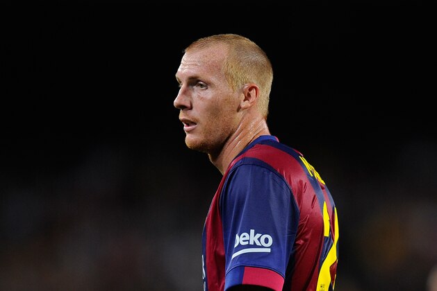 BARCELONA, SPAIN - AUGUST 24: Jeremy Mathieu of FC Barcelona looks on during the La Liga match between FC Barcelona and Elche FC at Camp Nou stadium on August 24, 2014 in Barcelona, Spain.  (Photo by Denis Doyle/Getty Images)