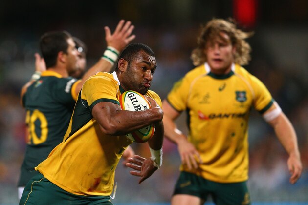 PERTH, AUSTRALIA - SEPTEMBER 06:  Tevita Kuridrani of the Wallabies makes a break during The Rugby Championship match between the Australian Wallabies and the South African Springboks at Patersons Stadium on September 6, 2014 in Perth, Australia.  (Photo by Cameron Spencer/Getty Images)