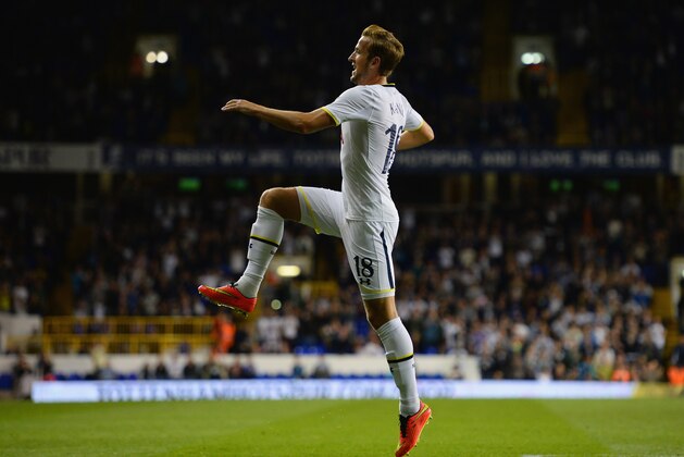 LONDON, ENGLAND - AUGUST 28:  Harry Kane of Spurs celebrates scoring their first goal during the UEFA Europa League Qualifying Play-Offs Round Second Leg match between Tottenham Hotspur and AEL Limassol FC on August 28, 2014 in London, United Kingdom.  (Photo by Jamie McDonald/Getty Images)