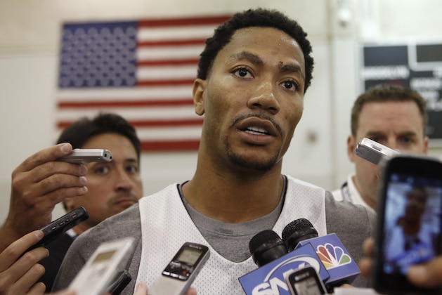 USA Basketball guard Derrick Rose of the Chicago Bulls speaks to the press after a team practice at the Brooklyn Nets training facility in East Rutherford, N.J., Tuesday, Aug. 19, 2014. Team USA faces the Dominican Republic at Madison Square Garden Wednesday night in advance of the FIBA World Cup Basketball tournament Aug. 30 through Sept. 14 in Spain. (AP Photo/Kathy Willens)