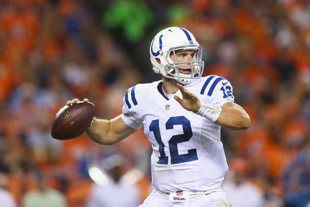 DENVER, CO - SEPTEMBER 07:  Quarterback Andrew Luck #12 of the Indianapolis Colts drops back to pass against the Denver Broncos at Sports Authority Field at Mile High on September 7, 2014 in Denver, Colorado.  (Photo by Jeff Gross/Getty Images)