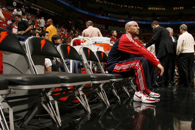 MIAMI - FEBRUARY 1:  Jason Kidd #5 of the New Jersey Nets prepares to play the Miami Heat at the American Airlines Arena February 1, 2008 in Miami, Florida. NOTE TO USER: User expressly acknowledges and agrees that, by downloading and or using this Photograph, user is consenting to the terms and conditions of the Getty Images License Agreement. Mandatory Copyright Notice: Copyright 2008 NBAE (Photo by Issac Baldizon/NBAE via Getty Images)