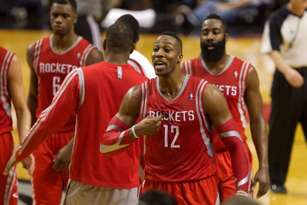 May 2, 2014; Portland, OR, USA; Houston Rockets center Dwight Howard (12) reacts after getting his third foul against Portland Trail Blazers in the first half in game six of the first round of the 2014 NBA Playoffs at the Moda Center.Mandatory Credit: Jaime Valdez-USA TODAY Sports